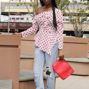 One shouder, asymmetrical polka dot top